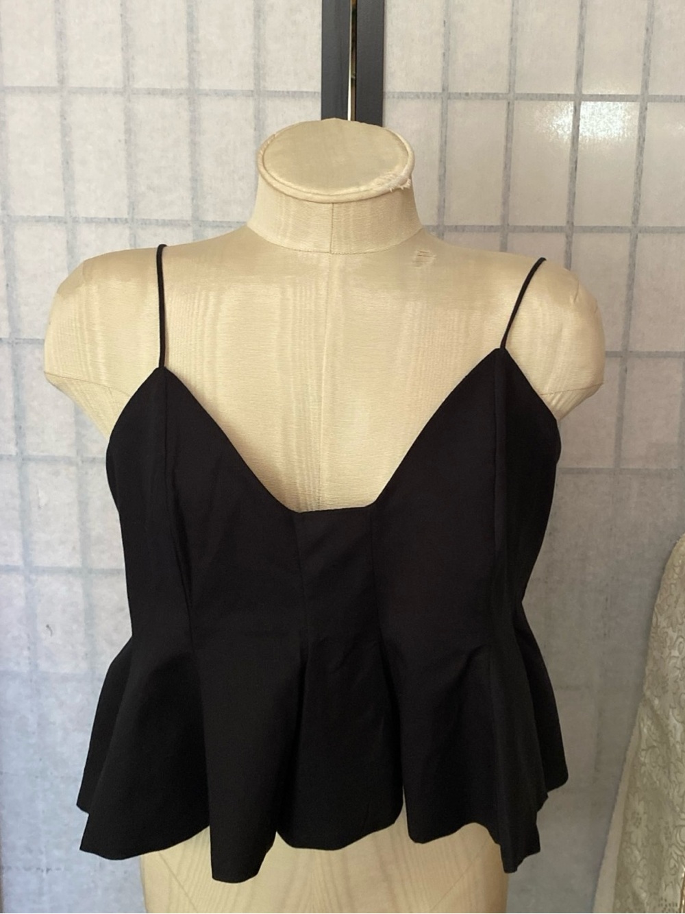 Zara NWT/D Black Ruched Peplum Crop Spaghetti Strap Top JR L